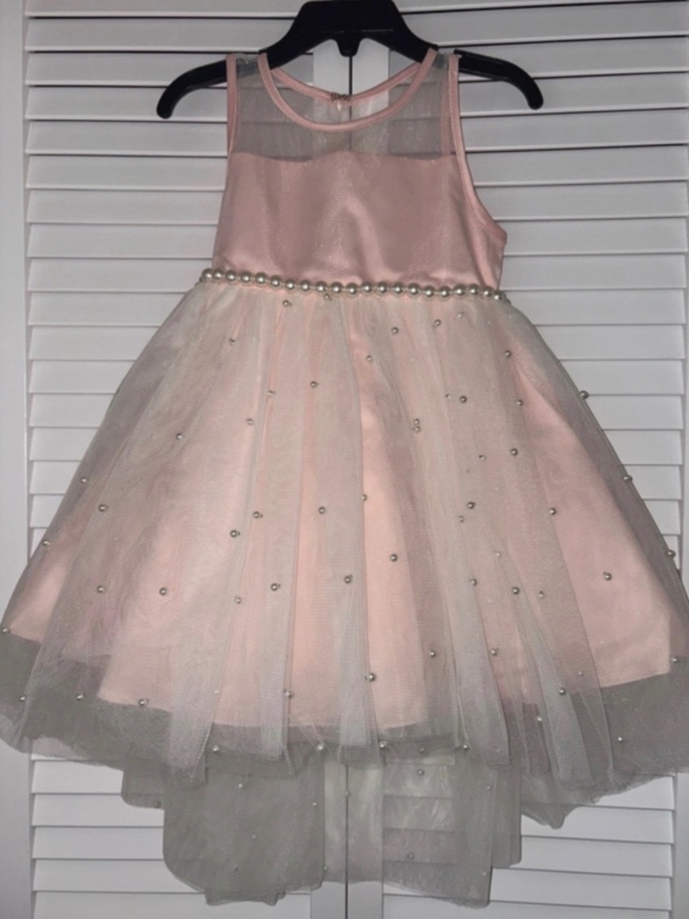 Girls Pink Tulle Party Dress with Pearl Beaded Waist & Rhinestone Details